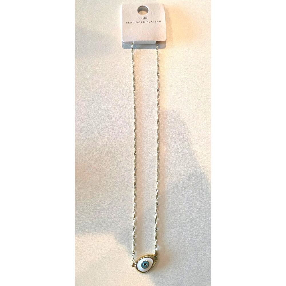 RUBI Gold Plated Blue Enamel Evil Eye Protection Pendant Necklace NWT